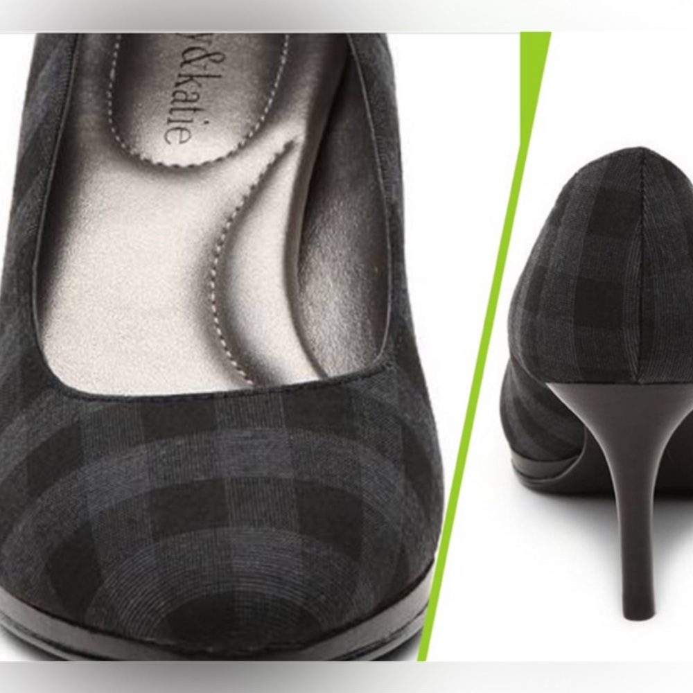 KELLY & KATIE ALMOND TOE GREY & BLACK PLAID PLATFORM HEELS - Picture 3 of 11